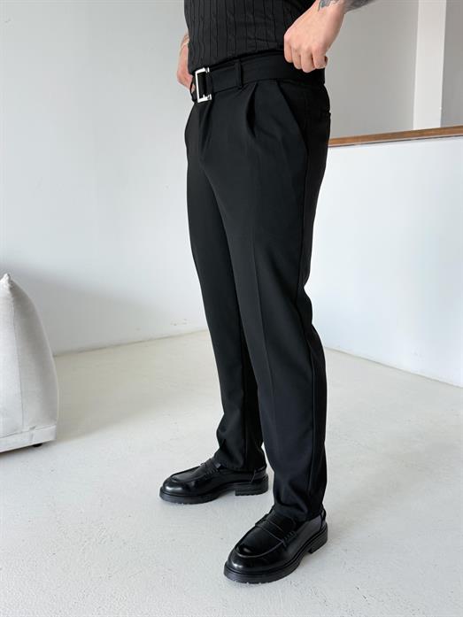 Siyah Kendi Kemerli Regular Fit Bezayağı Kumaş Pant N1344