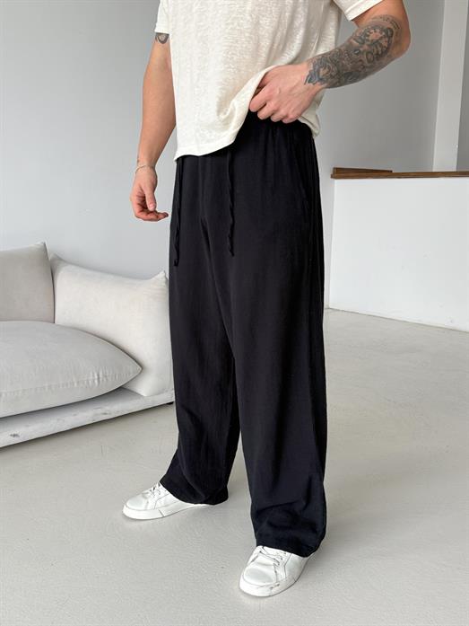Siyah Keten Baggy Yarı Lastikli Pantalon PNC 4060