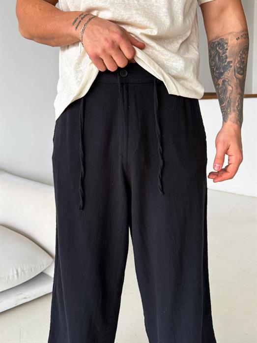 Siyah Keten Baggy Yarı Lastikli Pantalon PNC 4060
