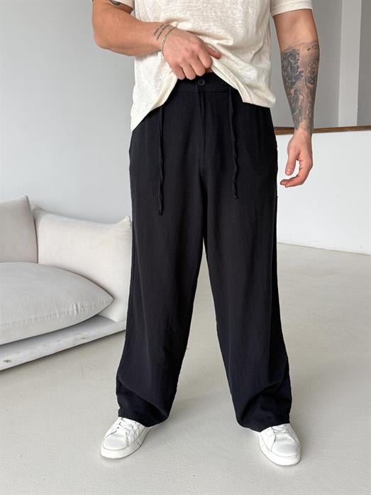 Siyah Keten Baggy Yarı Lastikli Pantalon PNC 4060