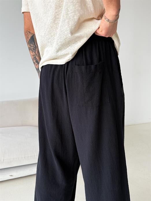 Siyah Keten Baggy Yarı Lastikli Pantalon PNC 4060