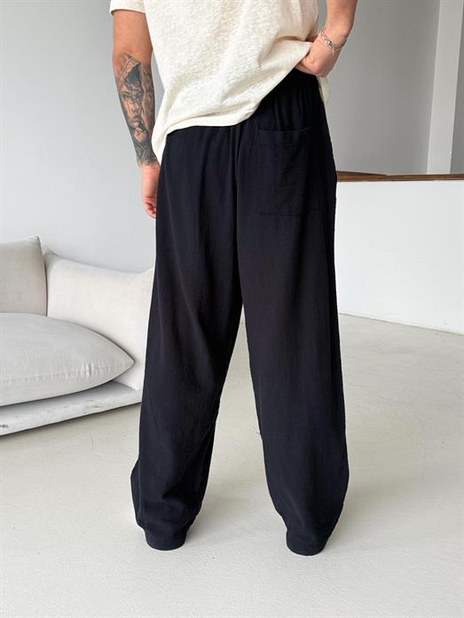 Siyah Keten Baggy Yarı Lastikli Pantalon PNC 4060