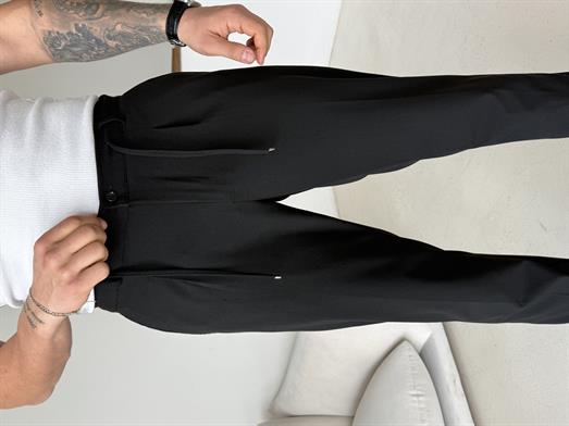 Siyah Pileli Lastikli Bağcıklı Regular Kumaş Pantalon SC