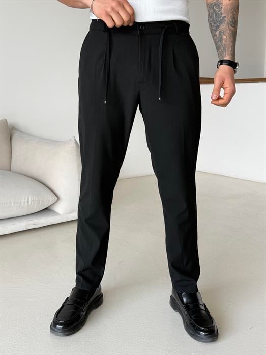 Siyah Pileli Lastikli Bağcıklı Regular Kumaş Pantalon SC