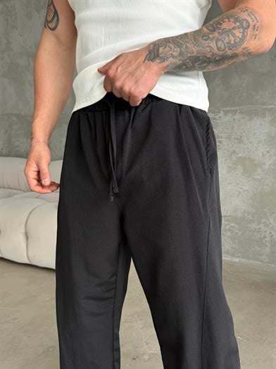 Siyah Yumuşak Ham Keten Super Baggy Pantalon 40229 BRR