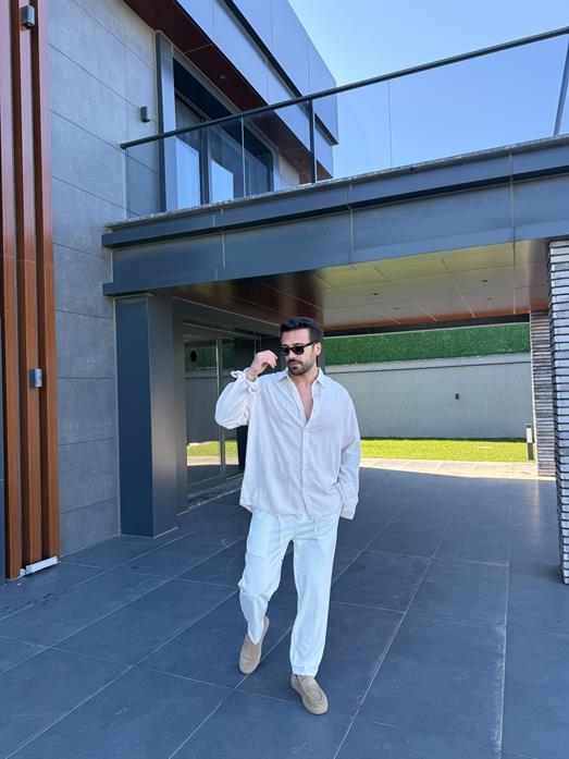 Bej Etamin Keten Oversize Gömlek PNC 2548