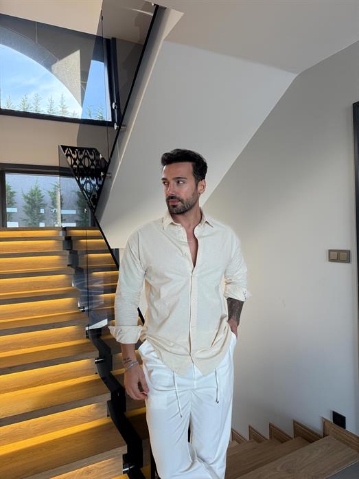 Bej Flex Keten Pamuk Oversize Gömlek SNZ 1330