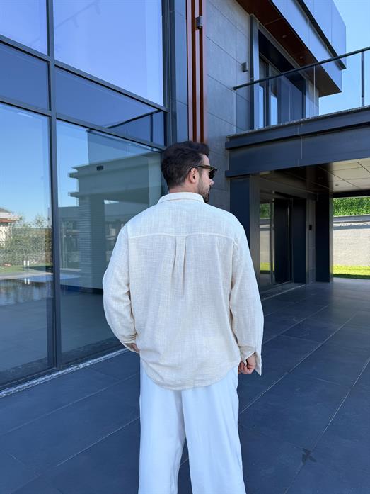 Bej Göğüs Cepli Ham Keten Oversize Gömlek PNC 2550