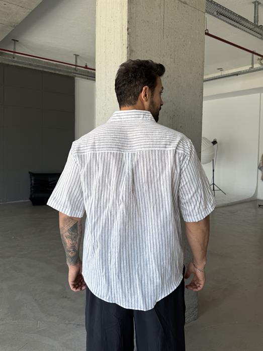 Beyaz Çizgili Keten Kısa Kol Gömlek PNC 2594