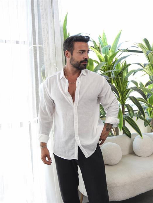 Beyaz Düz Oversize Keten Gömlek VS4050