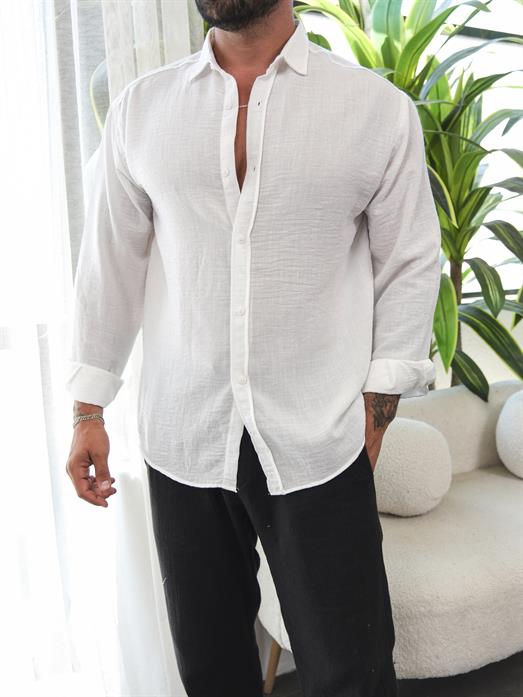 Beyaz Düz Oversize Keten Gömlek VS4050