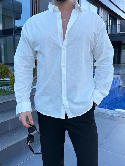 Beyaz Flex Keten Pamuk Oversize Gömlek SNZ 1330