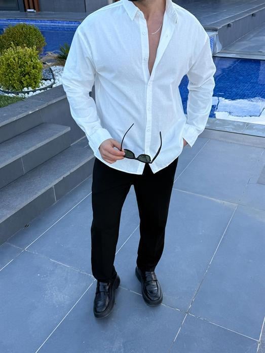 Beyaz Flex Keten Pamuk Oversize Gömlek SNZ 1330