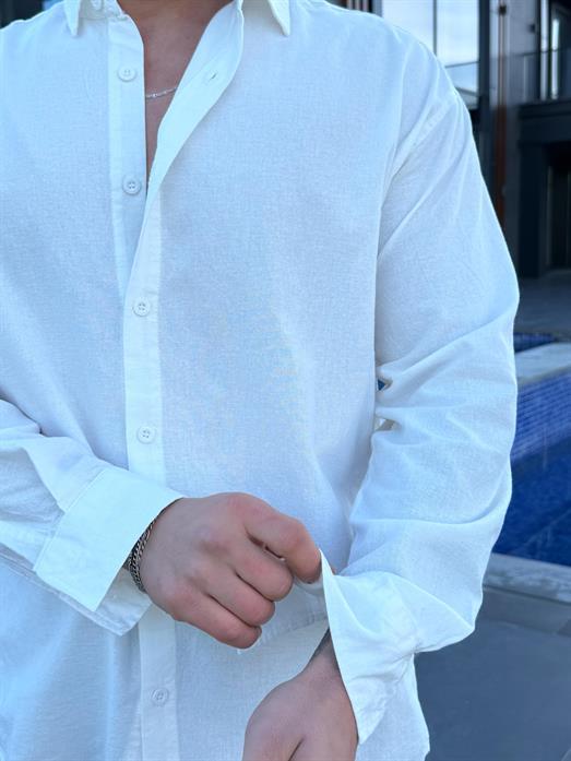 Beyaz Flex Keten Pamuk Oversize Gömlek SNZ 1330