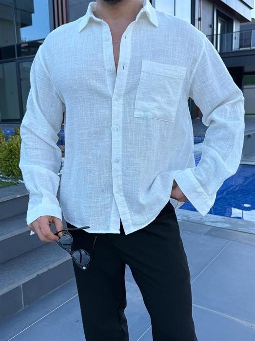 Beyaz Göğüs Cepli Ham Keten Oversize Gömlek PNC 2550