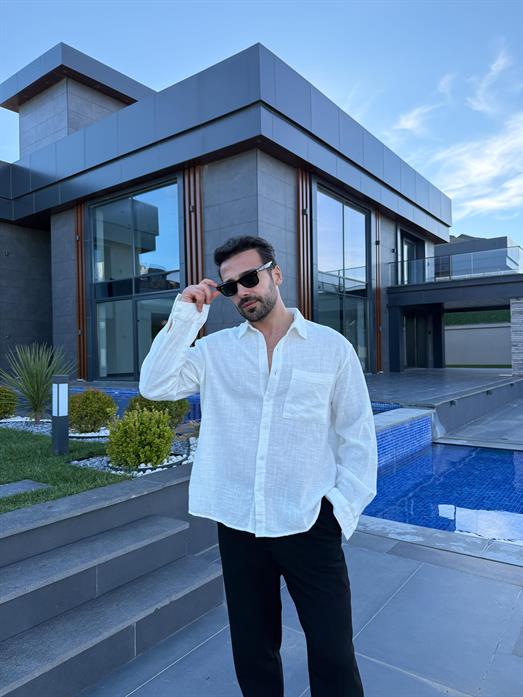 Beyaz Göğüs Cepli Ham Keten Oversize Gömlek PNC 2550