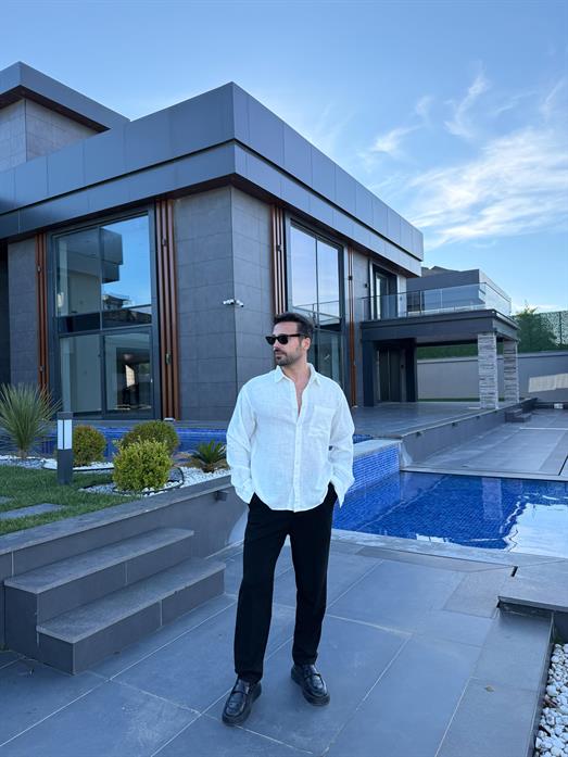 Beyaz Göğüs Cepli Ham Keten Oversize Gömlek PNC 2550