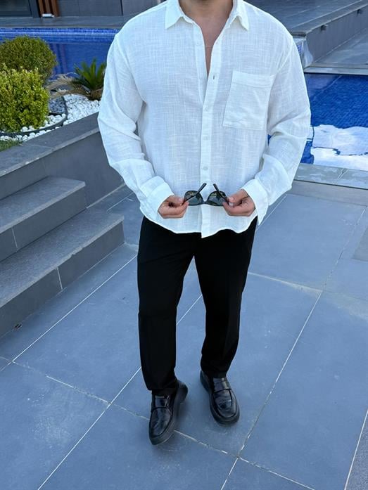 Beyaz Göğüs Cepli Ham Keten Oversize Gömlek PNC 2550