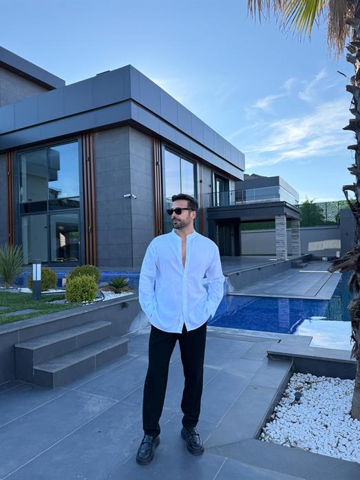 Beyaz Hakim Yaka Pamuk Keten Gömlek SNZ 1109