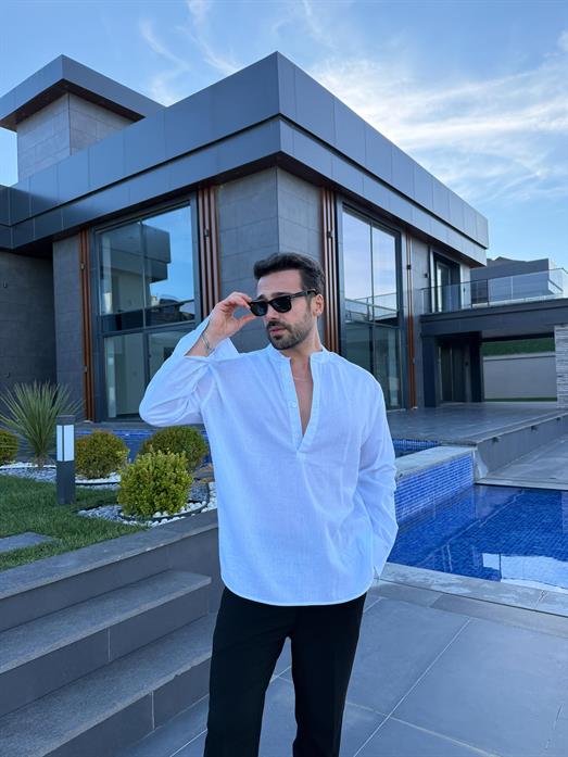 Beyaz Hakim Yaka Yarım Düğmeli Pamuk Keten Gömlek SNZ 1010