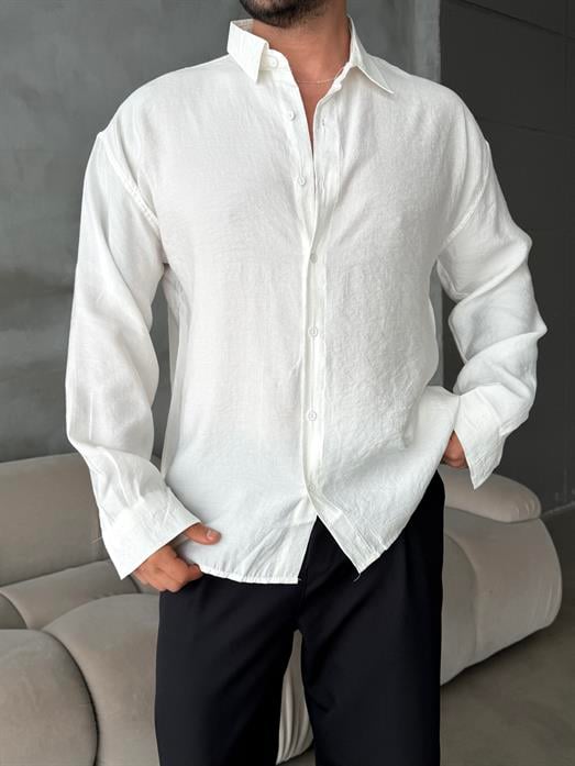 Beyaz Modal Kumaş Uzun Kol Gömlek MSS