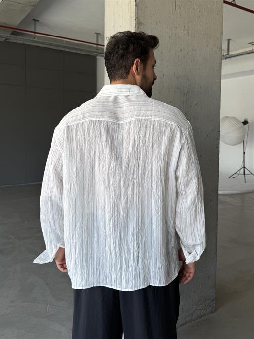 Beyaz Roba Detaylı Pamuk Çizgili Gömlek PNC 2537