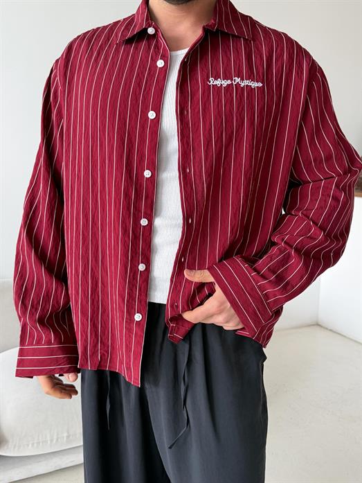 Bordo Çizgili Oversize Nakışlı Gömlek PNC 2554