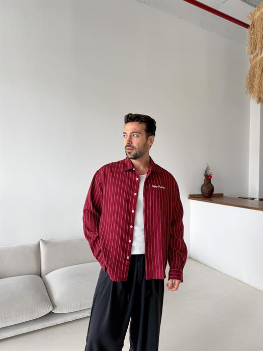 Bordo Çizgili Oversize Nakışlı Gömlek PNC 2554