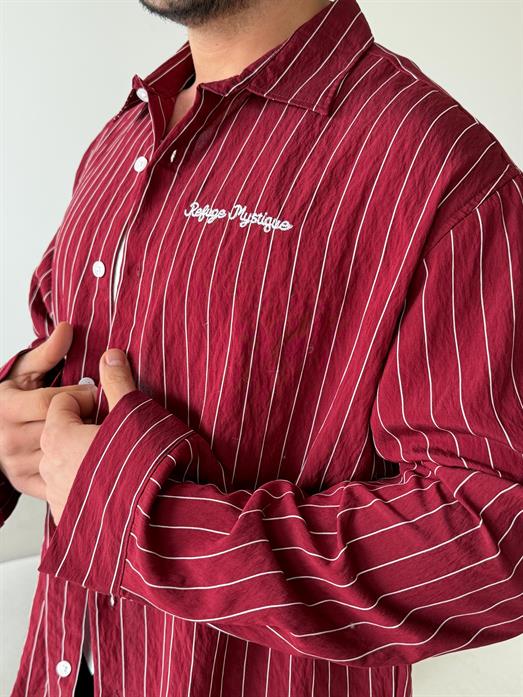 Bordo Çizgili Oversize Nakışlı Gömlek PNC 2554