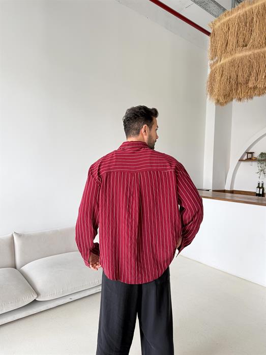 Bordo Çizgili Oversize Nakışlı Gömlek PNC 2554