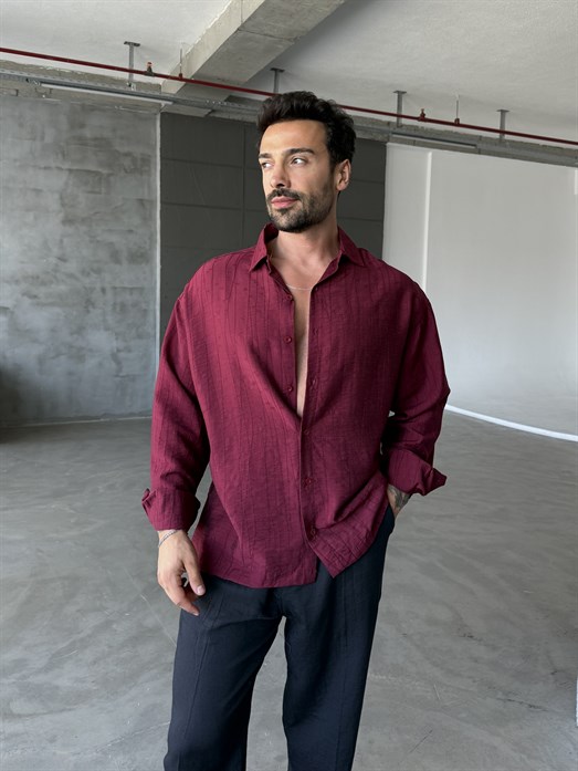 Bordo Çok Çizgi Desenli Pamuk Gömlek SNZ 1427
