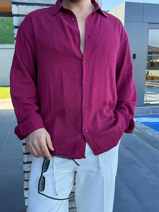 Bordo Etamin Keten Oversize Gömlek PNC 2548