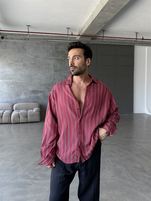 Bordo İnce Kalın Çizgili Pamuk Gömlek SNZ 1439