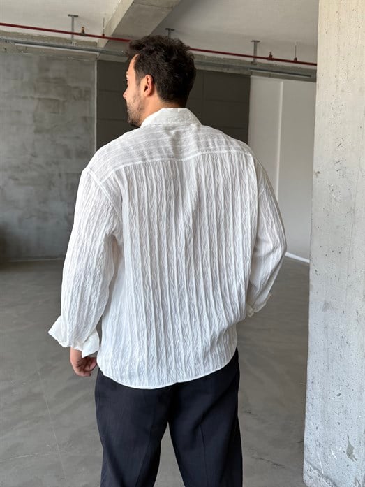 Ekru Roba Detaylı Çizgili Uzun Kol Gömlek PNC 2535
