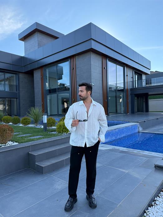 Ekru Roba Detaylı Pamuk Çizgili Gömlek PNC 2537