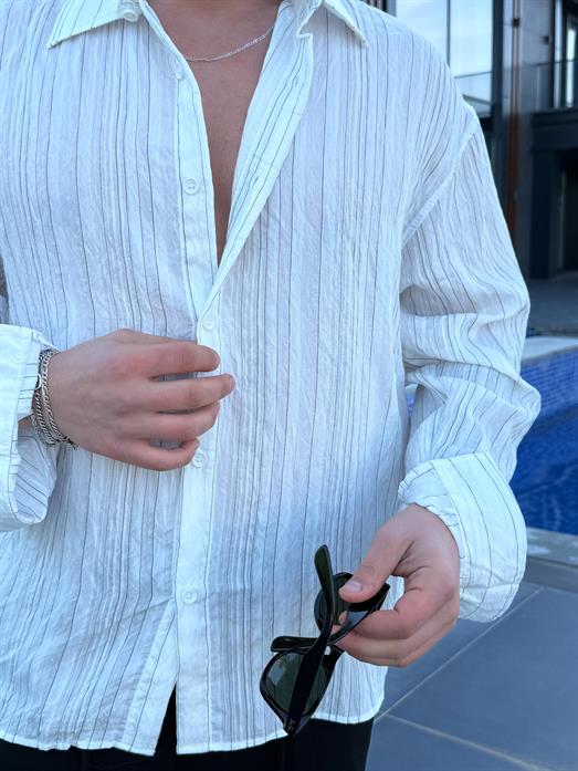 Ekru Roba Detaylı Pamuk Çizgili Gömlek PNC 2537