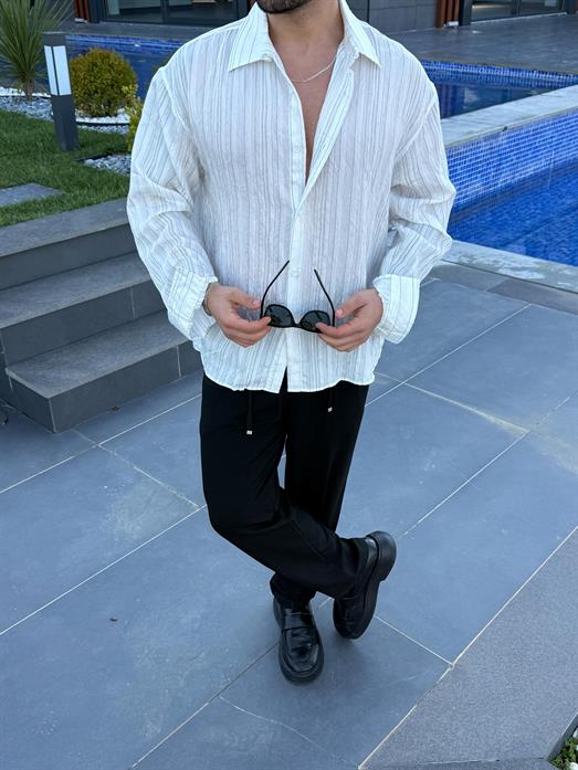 Ekru Roba Detaylı Pamuk Çizgili Gömlek PNC 2537