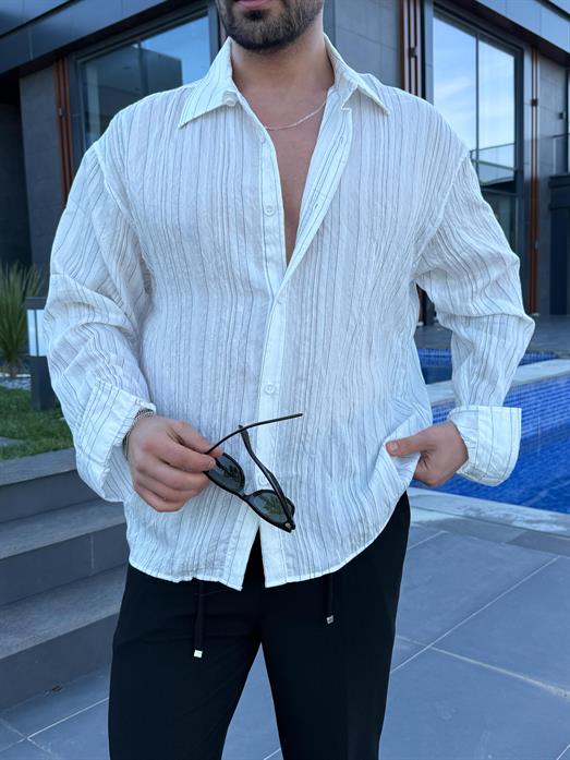 Ekru Roba Detaylı Pamuk Çizgili Gömlek PNC 2537