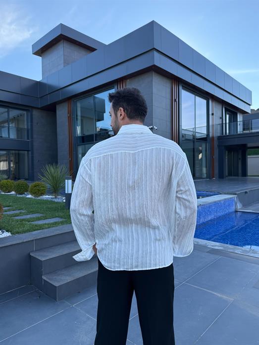 Ekru Roba Detaylı Pamuk Çizgili Gömlek PNC 2537