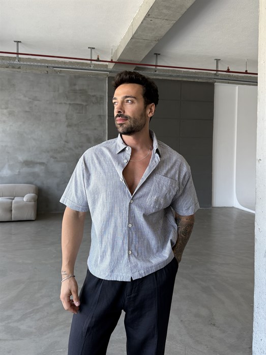 Gri Göğüs Baskılı Çizgili Gömlek SNZ 1488