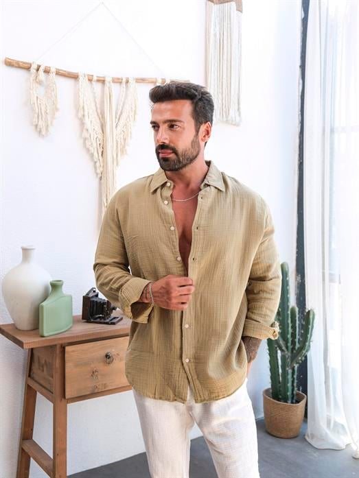 Haki Düz Oversize Keten Gömlek VS4050
