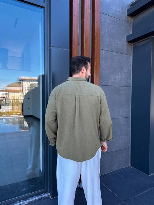Haki Göğüs Cepli Ham Keten Oversize Gömlek PNC 2550