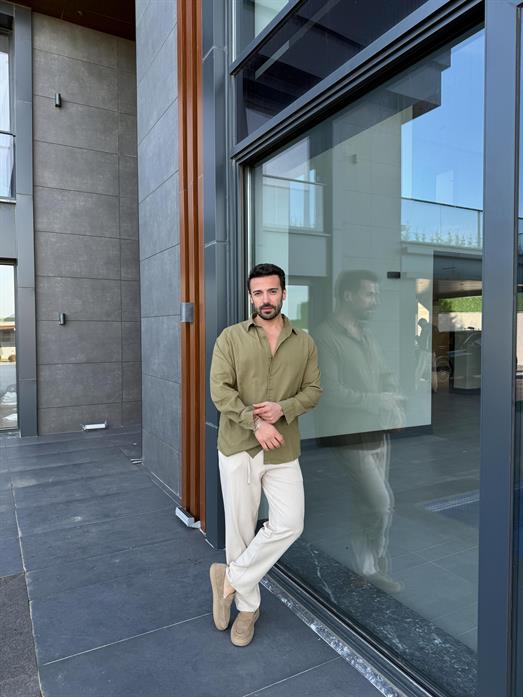Haki Krinkıl Pamuk Oversize Gömlek SNZ 1003