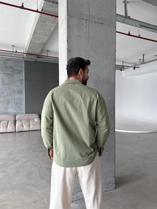 Haki Pamuk Flamlı Keten Uzun Kol Gömlek MSS