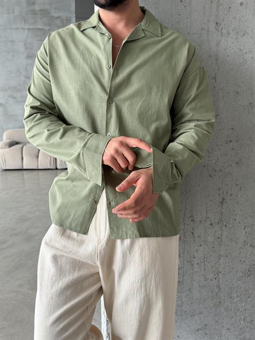 Haki Pamuk Flamlı Keten Uzun Kol Gömlek MSS
