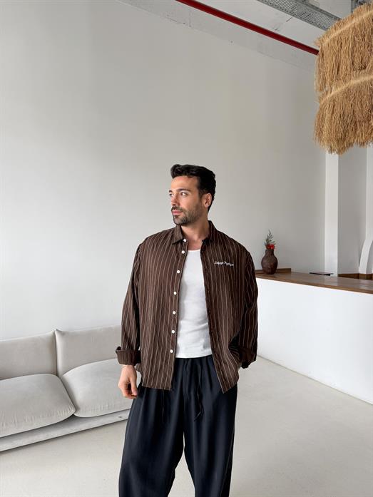 Kahve Çizgili Oversize Nakışlı Gömlek PNC 2554