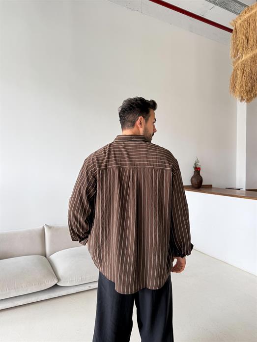 Kahve Çizgili Oversize Nakışlı Gömlek PNC 2554