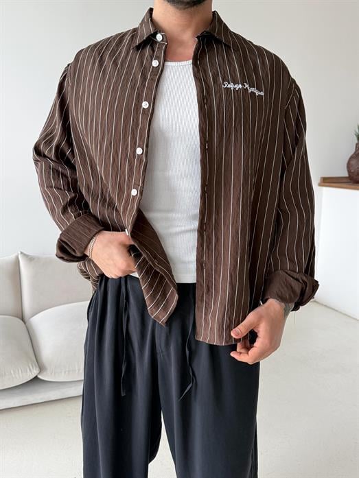 Kahve Çizgili Oversize Nakışlı Gömlek PNC 2554