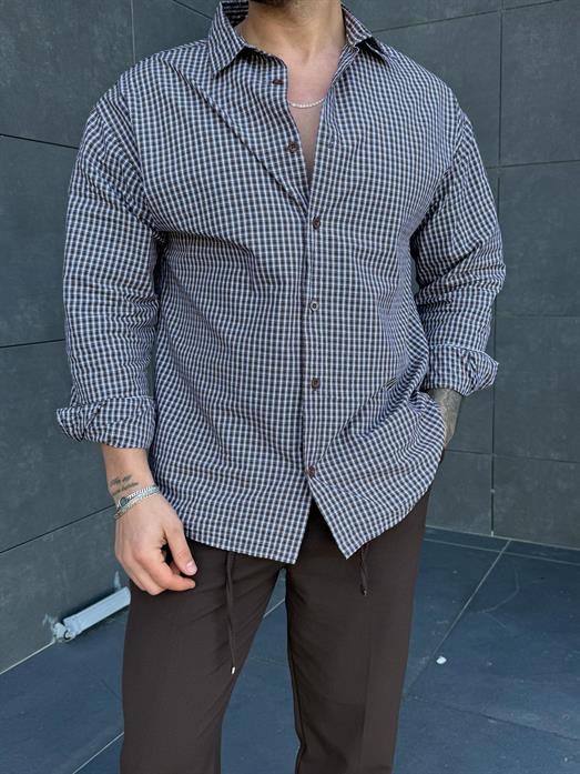 Kahve Ekoseli Oversize Pamuk Gömlek SNZ 1312