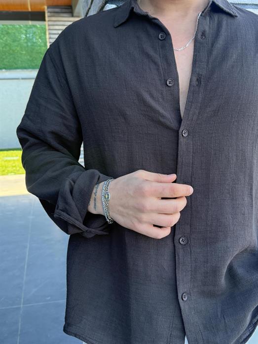 Kahve Etamin Keten Oversize Gömlek PNC 2548